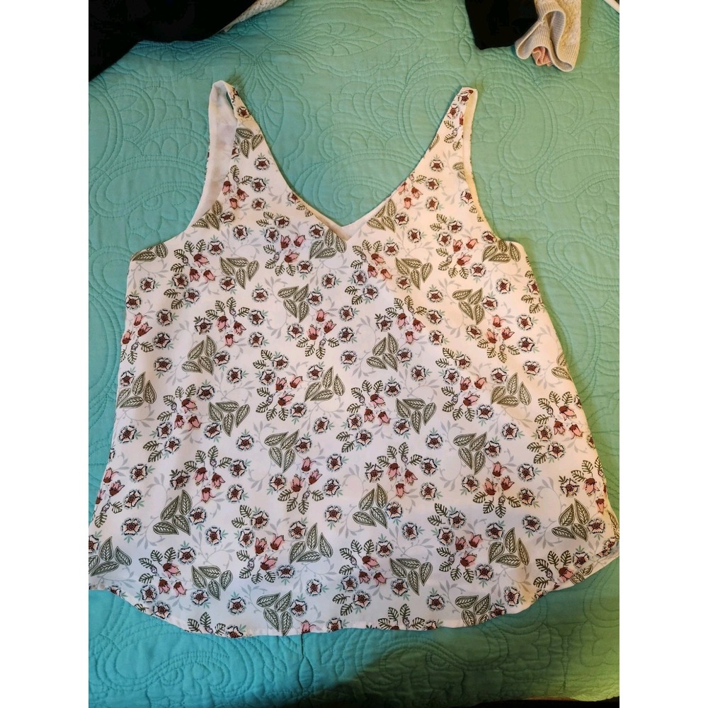 LOFT Floral V-Neck Sleeveless Tank Top White Pink Green SP22 586634 Womens M - Picture 3 of 8